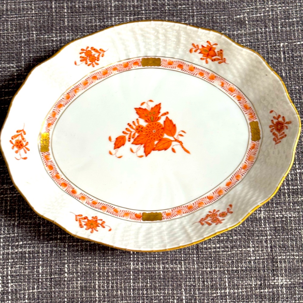 HEREND VINTAGE Oval Serving Platter CHINESE BOUQUET (Rust) w/ 24kt gold detail